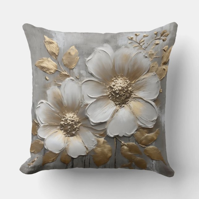 Almofada Cinza Quente Dourado Branco Floral Rústico Moderno (Frente)