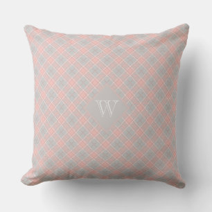 Almofada Cinza Rosa Suave Monograma Gingham Girly Xadrez