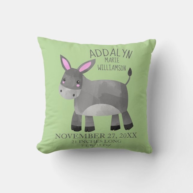 Almofada Cinza Whimsical Donkey Green Child Name Birthdate (Frente)
