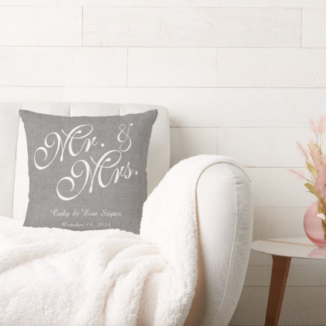 Almofada Cinza White Linen Sr. e Sra. Wedding Travesseiro (Criador carregado)