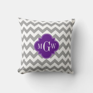 Almofada Cinza Wht Chevron Roxo Quadri-fólio 3 Monograma