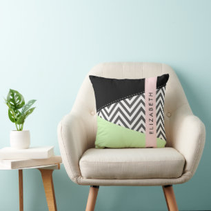 Almofada Cinza Zigzag, Cinza Chevron, Mint, Seu Nome