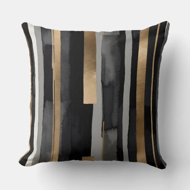 Almofada Cinzas de listras de ouro pretas (Frente)