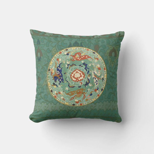 Almofada Círculo Chinês Antigo Verde Azul (Frente)