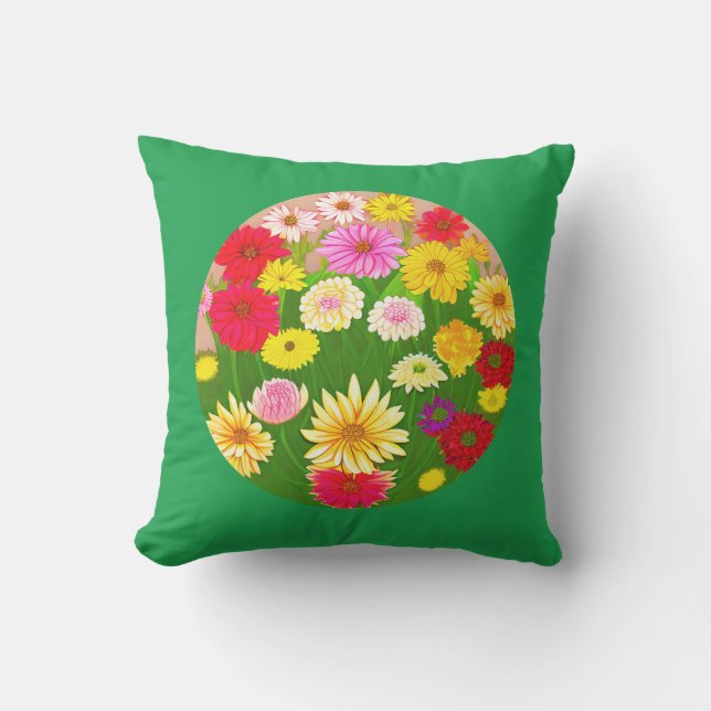 Almofada Círculo de Flores Selvagens, Vermelho e Amarelo (Frente)