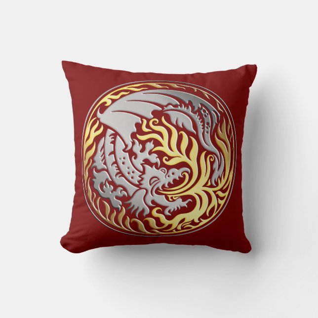 Almofada Círculo Dragônico - Cromo com Dourado Fogo em Verm (Frente)
