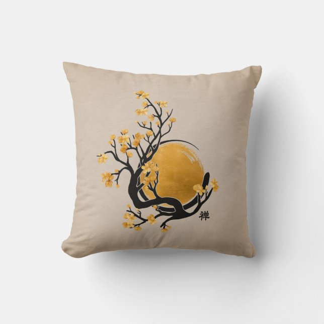 Almofada Círculo Zen Enso, Sol Ouro e Flor Sakura (Frente)