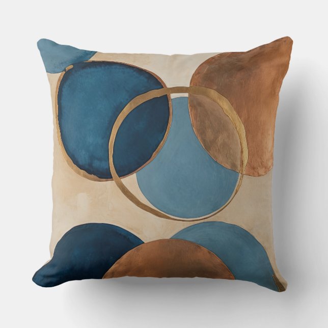 Almofada Círculos azuis e de bronze com anéis de ouro (Frente)