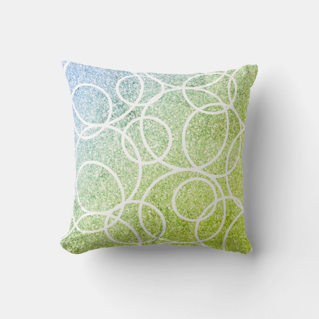Almofada Círculos Brancos Geométricos Brilho Verde Azul (Frente)