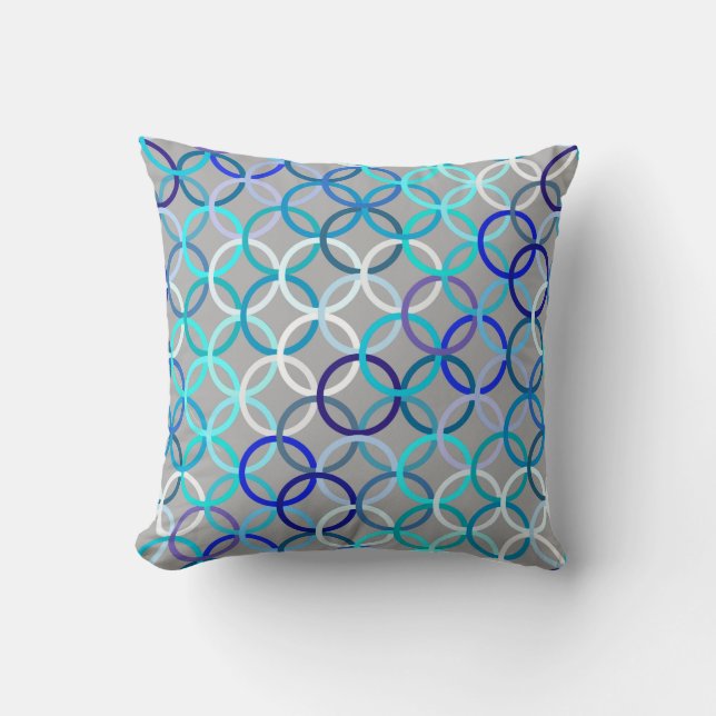 Almofada Círculos, cinza, azul e branco modernos do meio (Frente)