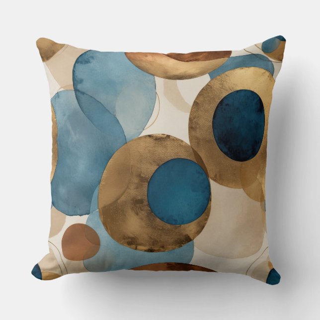 Almofada Círculos de bronze de abstrato, cobre e azul (Frente)
