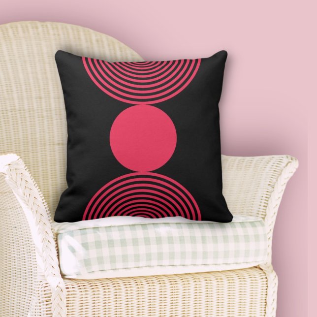 Almofada Círculos Geométricos Minimizados Rosa e Preto (Minimalist Pink & Black Geometric Circle Pattern Throw Pillow, Dining Room)