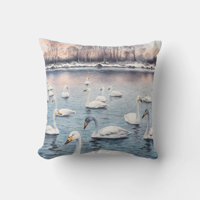 Almofada Cisne branco-mudo num lago. Pintel de aquarela (Frente)