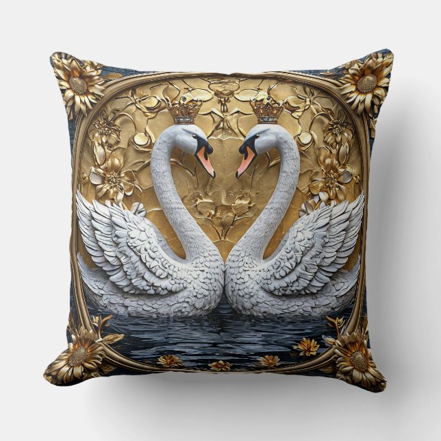 Almofada Cisne Real Coroado Ouro Luxuoso Elegante Romântico (Frente)