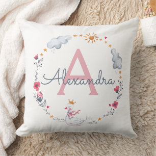 Almofada Cisne rosa-claro e coroa floral com monograma w