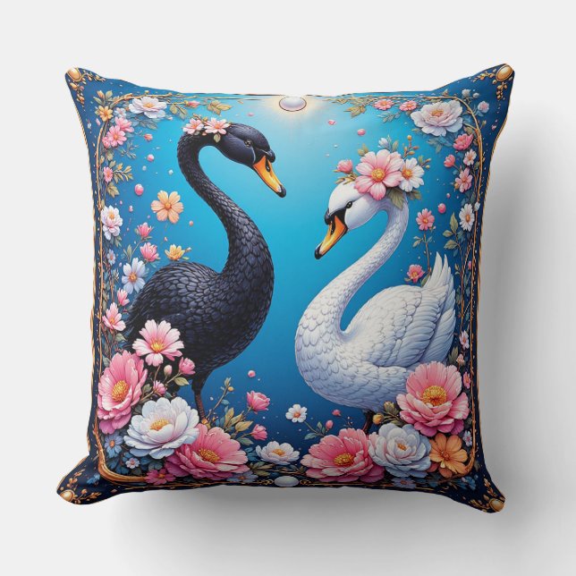 Almofada Cisnes de Casamento Enquadrados com Ouro e Flores (Frente)