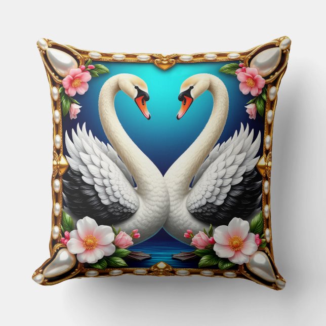 Almofada Cisnes de Casamento Enquadrados com Ouro e Flores (Frente)