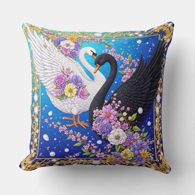 Almofada Cisnes de Casamento Enquadrados com Ouro e Flores (Frente)