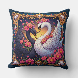 Almofada Cisnes de Casamento Enquadrados com Ouro e Flores