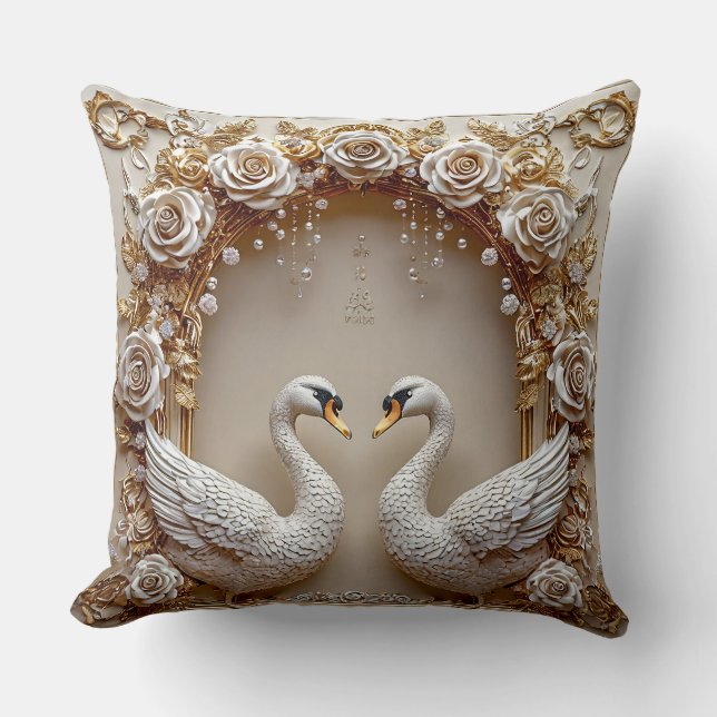 Almofada Cisnes Florais Casamento Pérola Dourada Romântica  (Frente)