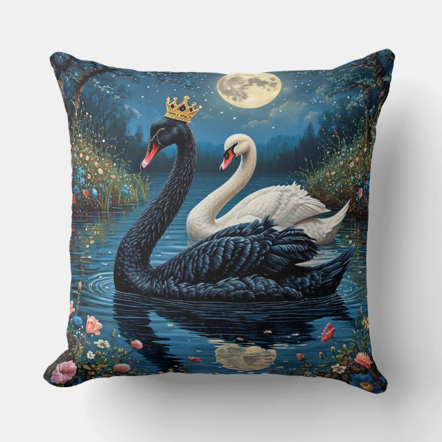 Almofada Cisnes Majestosos Sob o Céu ao Luar (Frente)