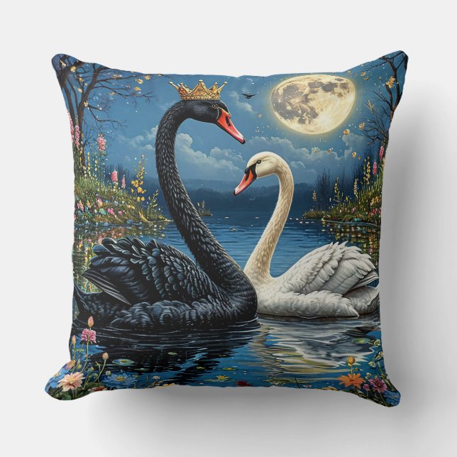 Almofada Cisnes Majestosos Sob o Céu ao Luar (Frente)