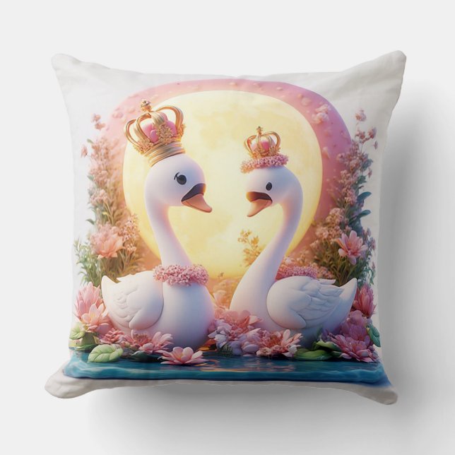 Almofada Cisnes Românticos Decorados com Flores (Frente)