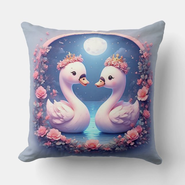 Almofada Cisnes Românticos Decorados com Flores (Frente)