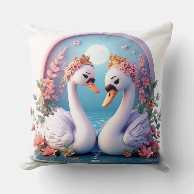 Almofada Cisnes Românticos Decorados com Flores (Frente)