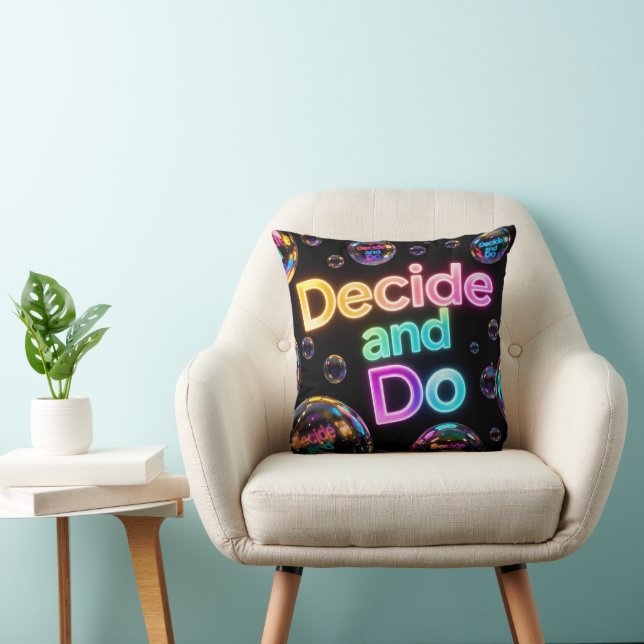 Almofada Citação Decidir e Fazer com Bolhas Neon (Cadeira)
