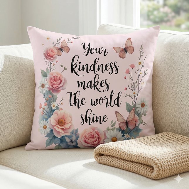 Almofada Citação Floral Inspiradora com Borboletas (Inspirational Floral Quote with Butterflies Throw Pillow Mockup A)