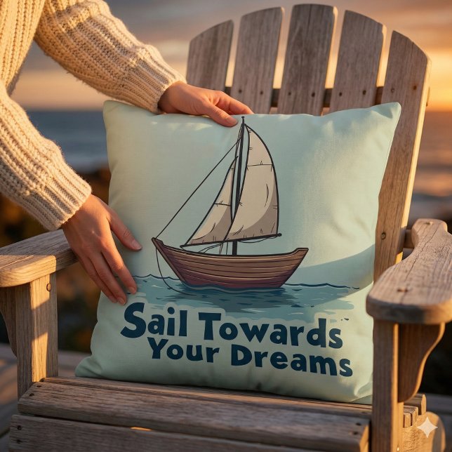 Almofada Citação Inspiradora Náutica de Velho Barco à Vela (Vintage Sailboat Nautical Inspirational Quote Throw Pillow Mockup A)