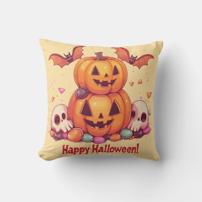 Almofada Citrouilles Halloween mignonnes 🎃 et bonbons fun (Frente)