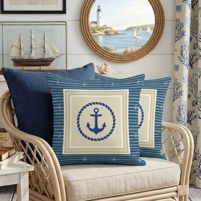 Almofada Classic Nautical Navy Blue & Gold Anchor Striped (Criador carregado)