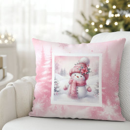 Almofada Classic Pink Snowman Winter Scene Kids Gift Pillow