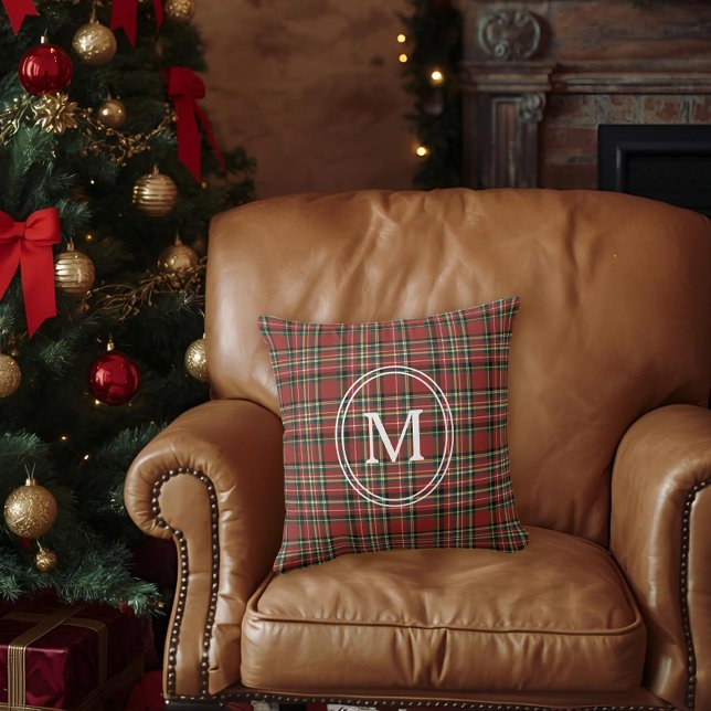 Almofada Classic Red Plaid Monogram Christmas Holiday (Criador carregado)