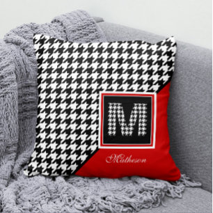 Almofada Clássico Houndstooth e Monograma Preto Vermelho