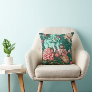 Almofada Clássico Romântico Teal e Floral Rosa Monograma