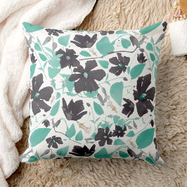 Almofada Clematis Floral Cinza Teal Watercolor