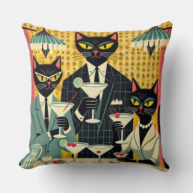 Almofada Clube de Martini de Gato Preto Retro Futurista (Frente)