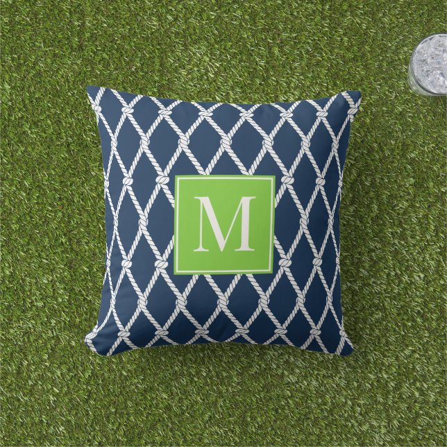 Almofada Coastal Preppy Nautical Monogram – Navy & Lime (Grama)