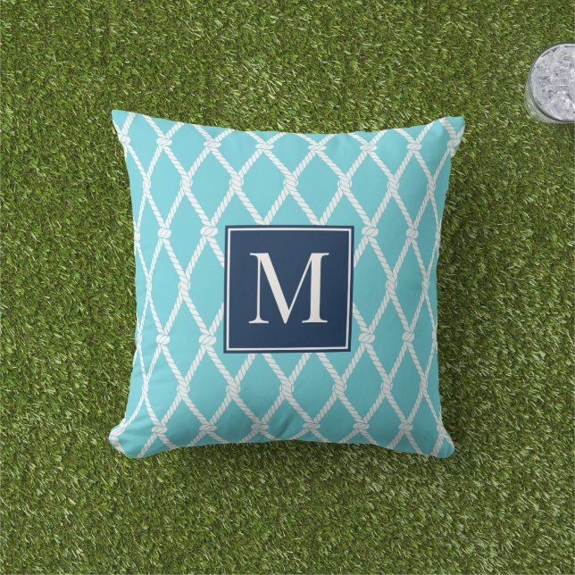 Almofada Coastal Preppy Nautical Monogram Turquoise & Navy (Grama)