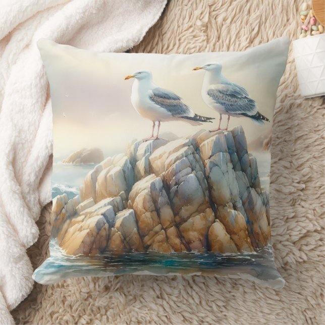 Almofada Coastal Seagulls Watercolor Seascape (Cobertor)