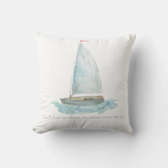 Almofada Coastal Watercolor Sailboat  (Frente)