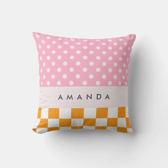 Almofada Cobertor Xadrez com Pontos Pink Laranja e Monogram (Frente)