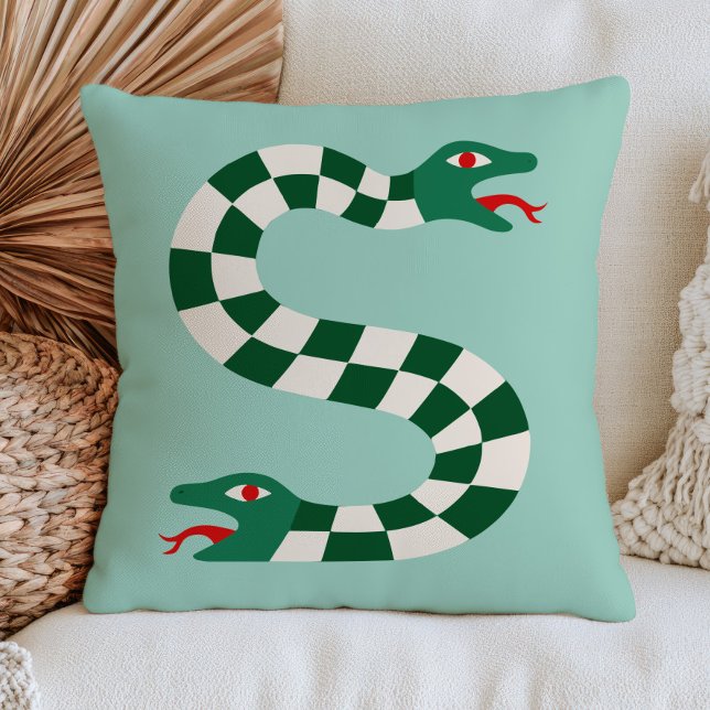 Almofada Cobra de Duas Cabeças em Padrão Xadrez Verde Funky (Criador carregado)