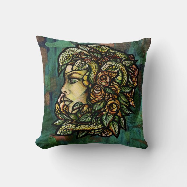 Almofada Cobra Medusa Verde Rosa Gorgona                    (Frente)
