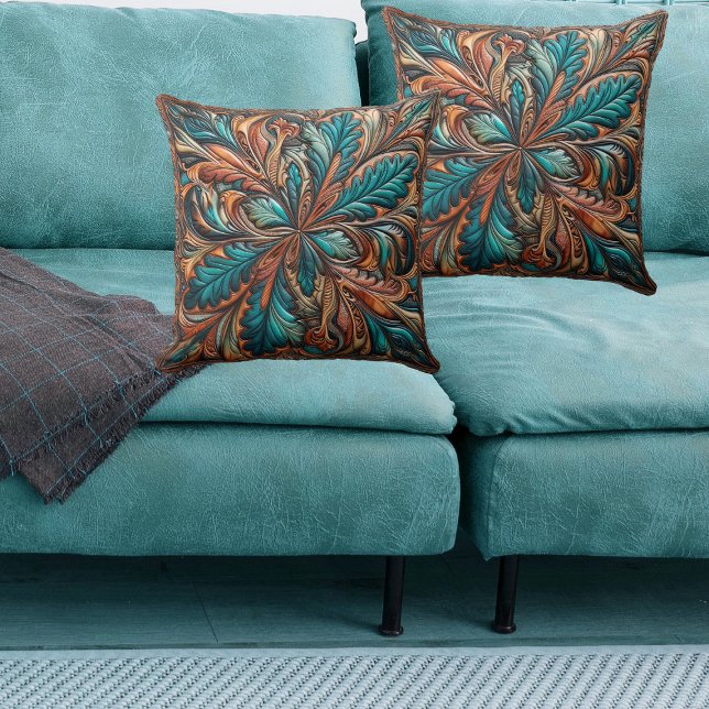 Almofada Cobre de Impressão de Couro Arrefecida Ocidental (Western Tooled Leather Print Turquoise Copper Throw Pillow)