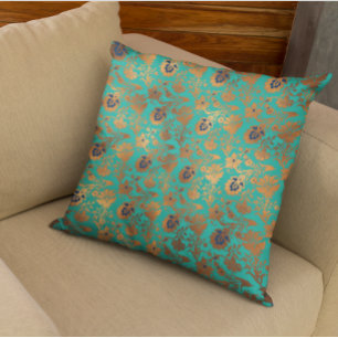 Almofada Cobre Metálico Pátina Floral Azul Turquesa