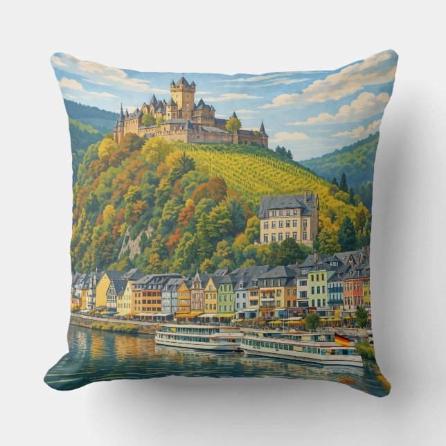 Almofada Cochem Alemanha Arte de Viagem Vintage (Frente)